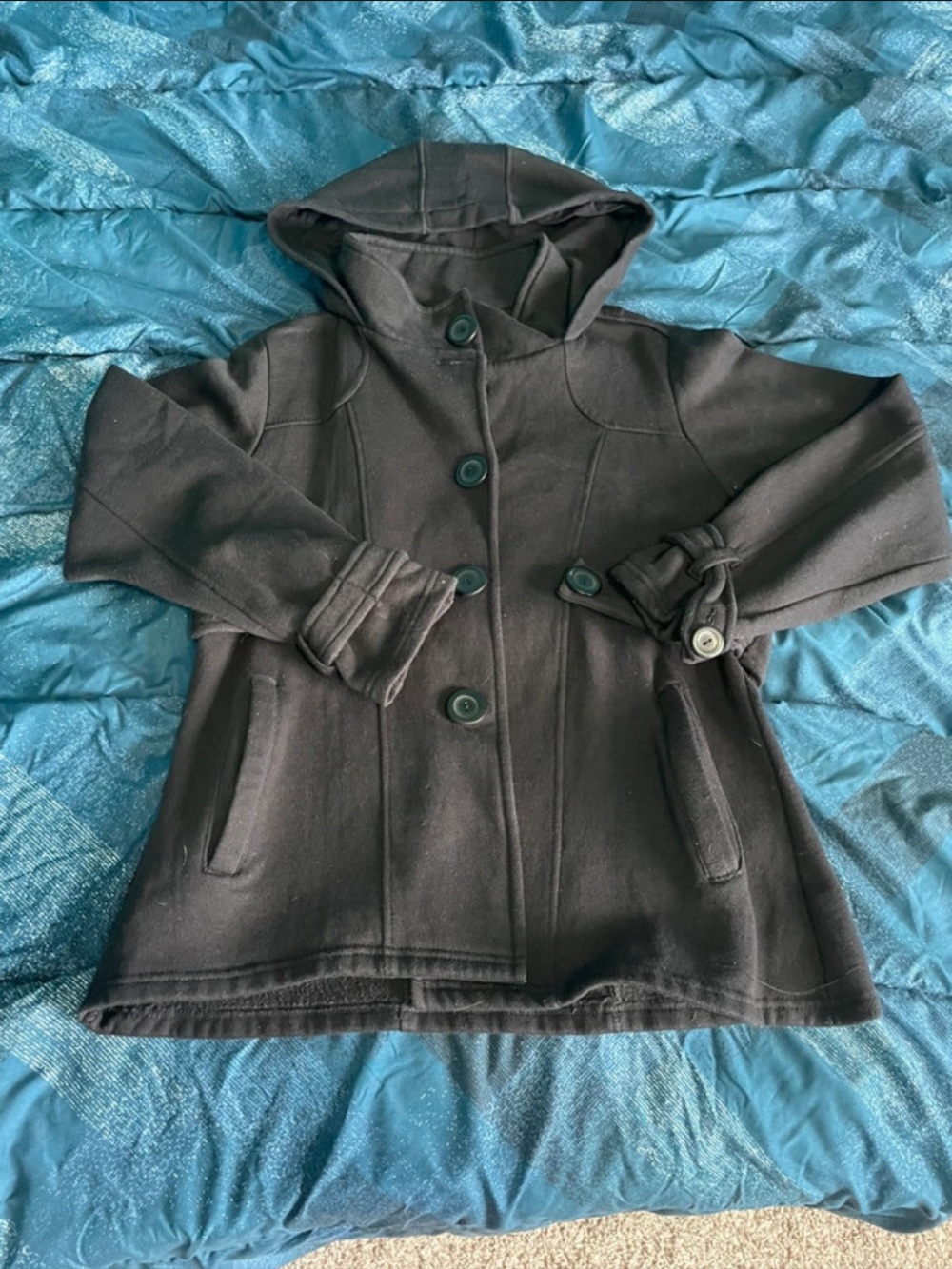 Angee Women's Black Hooded Fleece Pea Coat Button Front Jacket Mid-Length Size M